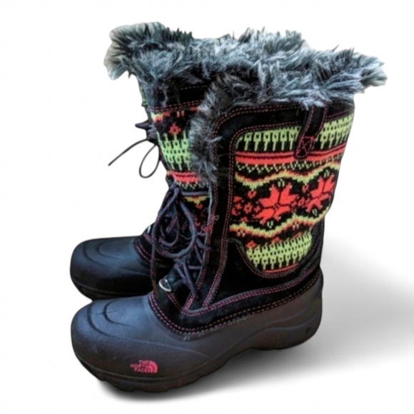 North Face Y2K Fair Isle BRAT Girls Lace Up Shellista Faux Fur Snow Boots 7 - Picture 1 of 7